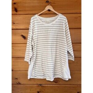Per Se Top Womens 3X Textured Stripe Terry Cream Gray Long Sleeve Comfort